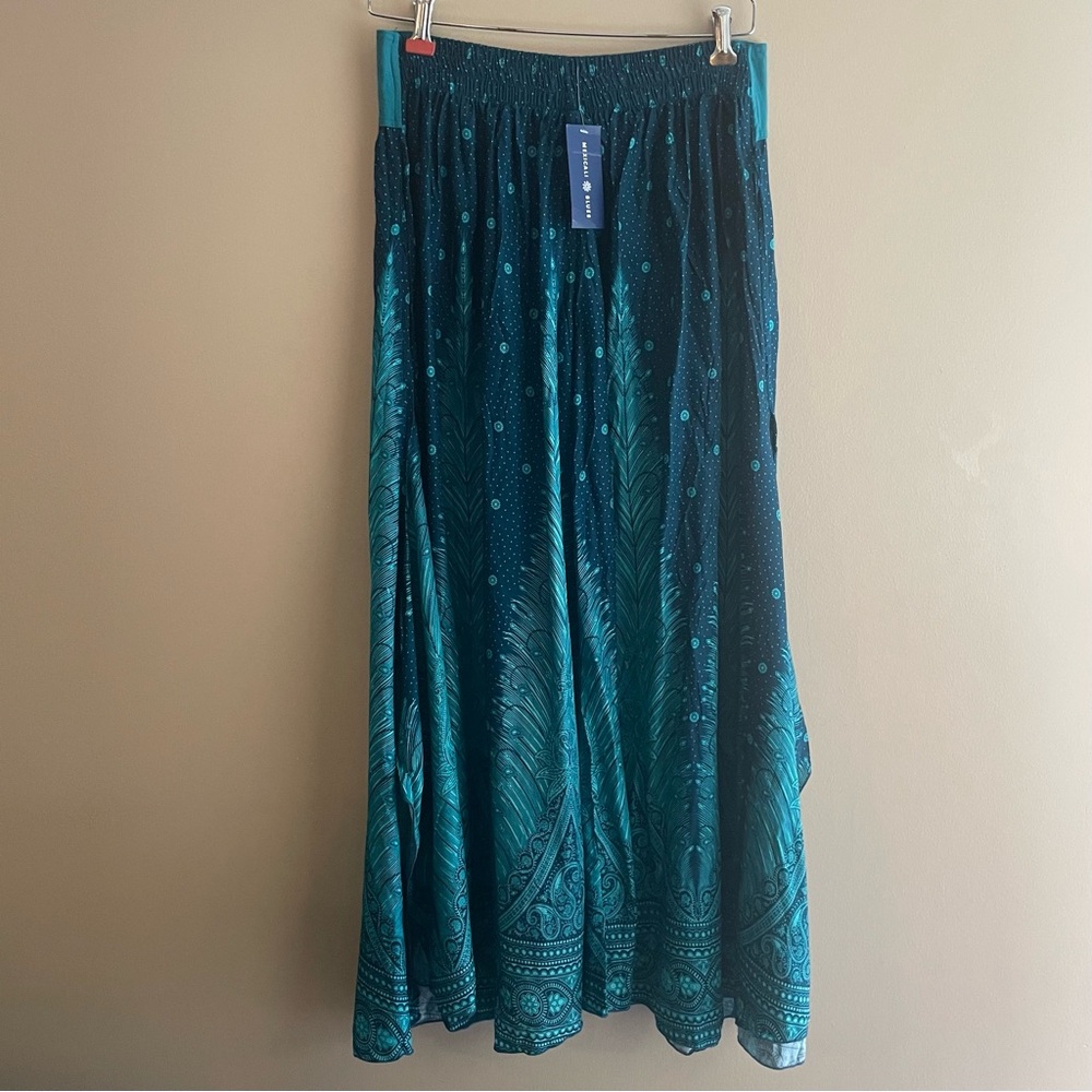 Mexicali Blues Women L/XL Teal Boho Wide Leg Pants Feathers Thailand New NWT - Picture 3 of 8